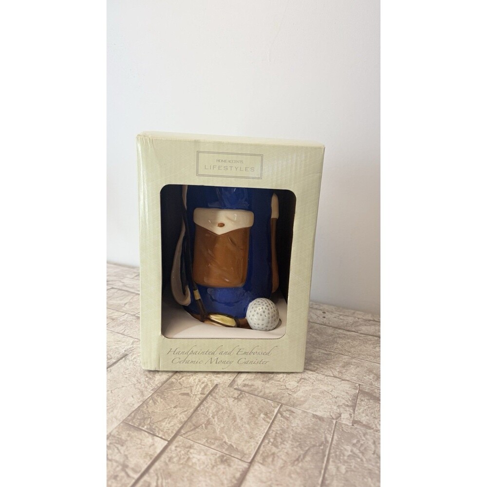 NIB Vintage Ceramic Golf Bank with Ball and Clubs 7" Tall Size 4 L X 7”Wx3.5H - Picture 2 of 9
